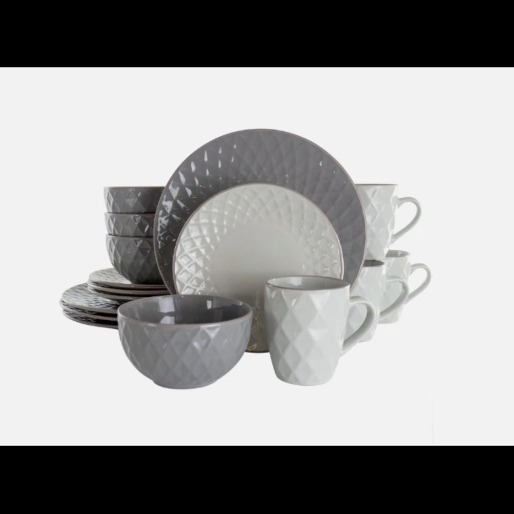 Elama Tahitian Diamond 16 Piece Stoneware Dinnerware Set in Slate and Pearl